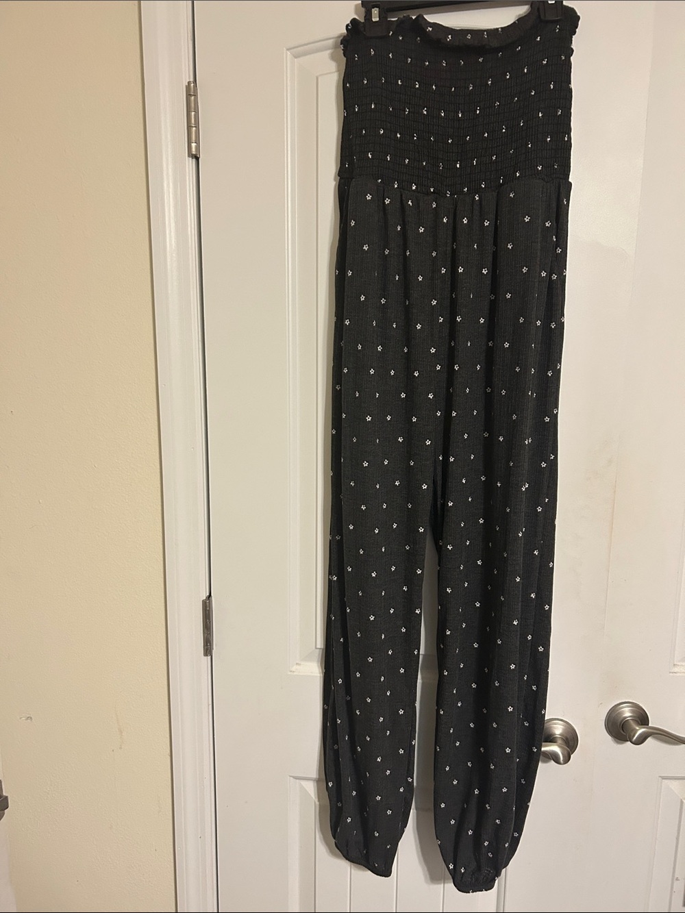 Black Polka Dot Smocked-Waist Jogger Jumpsuit